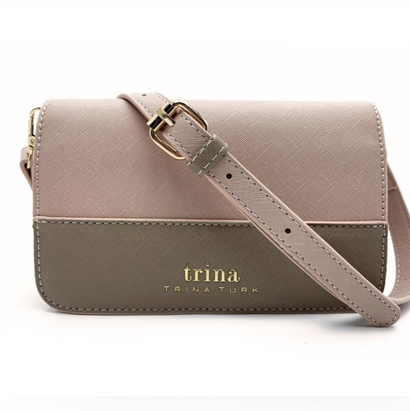 Trina Turk color block crossbody with detachable shoulder strap. Blush W/Tan - Picture 7 of 9